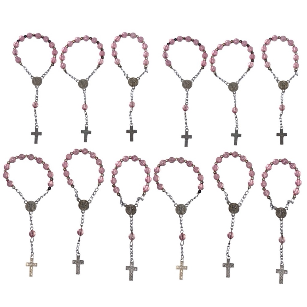 Pink beaded Silver Tone 4 Inch Mini rosary Lot Of 24 New In Package